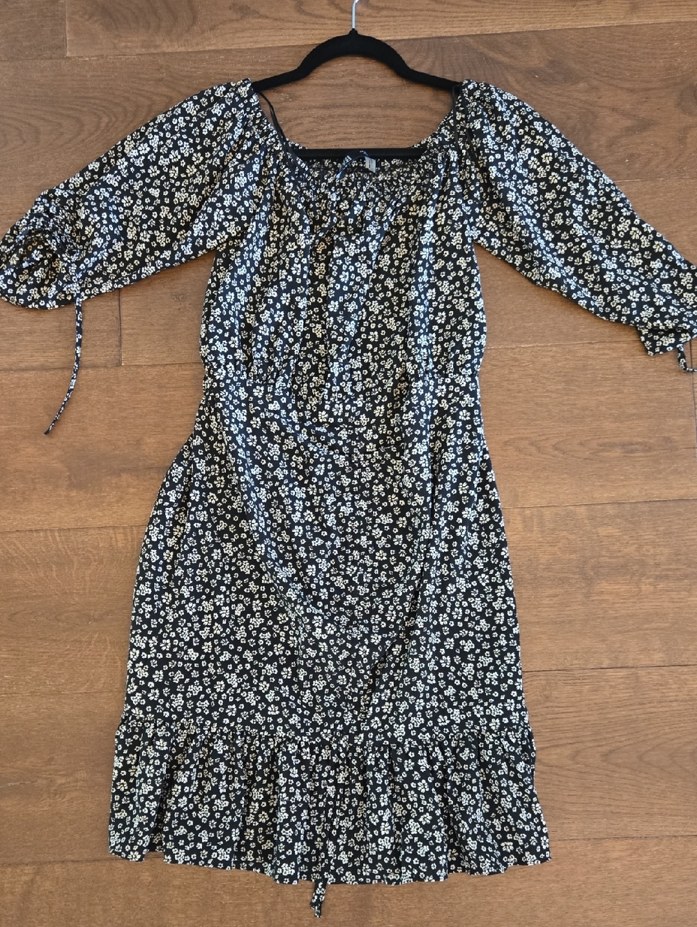 Zara Black Floral Off-Shoulder Midi Dress with White Print
